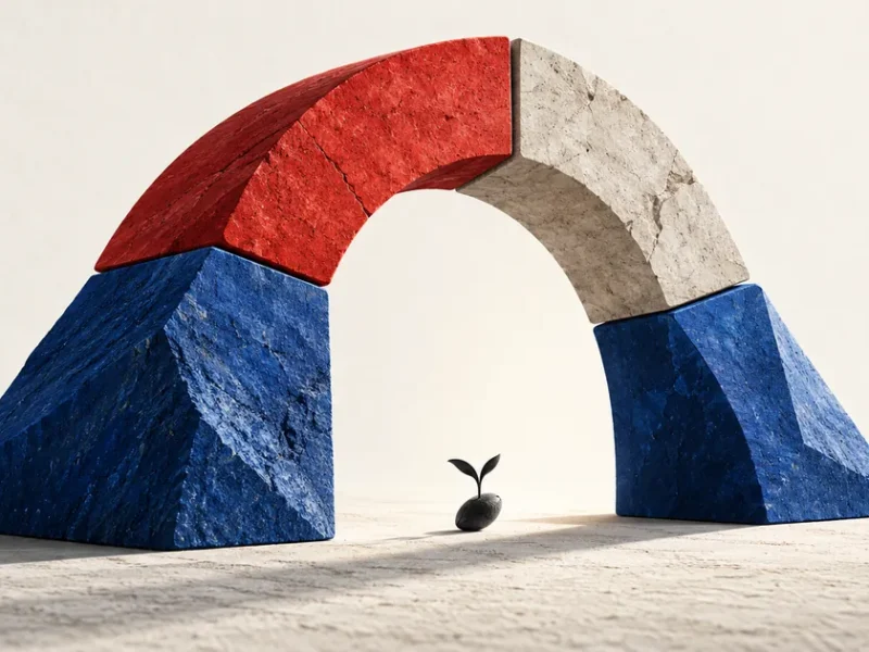 Cuatro piezas de piedra azules, roja y clara forman un arco que protege una pequeña semilla.