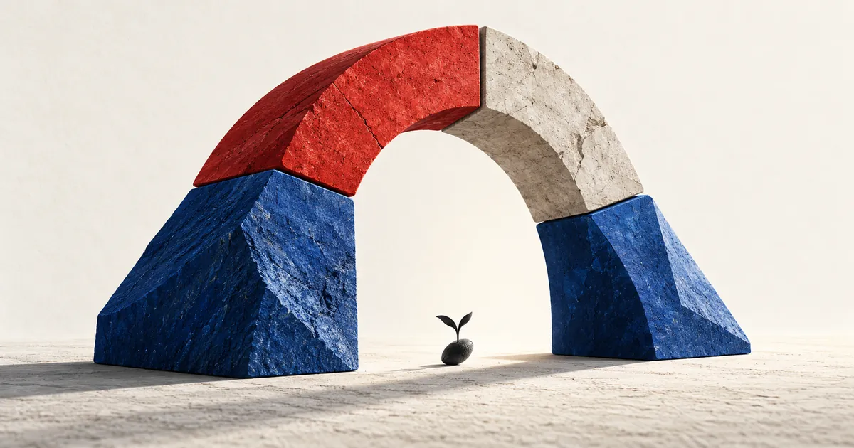 Cuatro piezas de piedra azules, roja y clara forman un arco que protege una pequeña semilla.