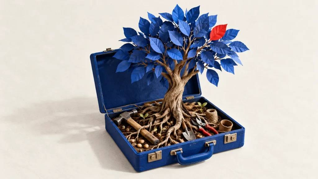Un árbol de hojas azules crece en un maletín abierto entre raíces, semillas y herramientas.