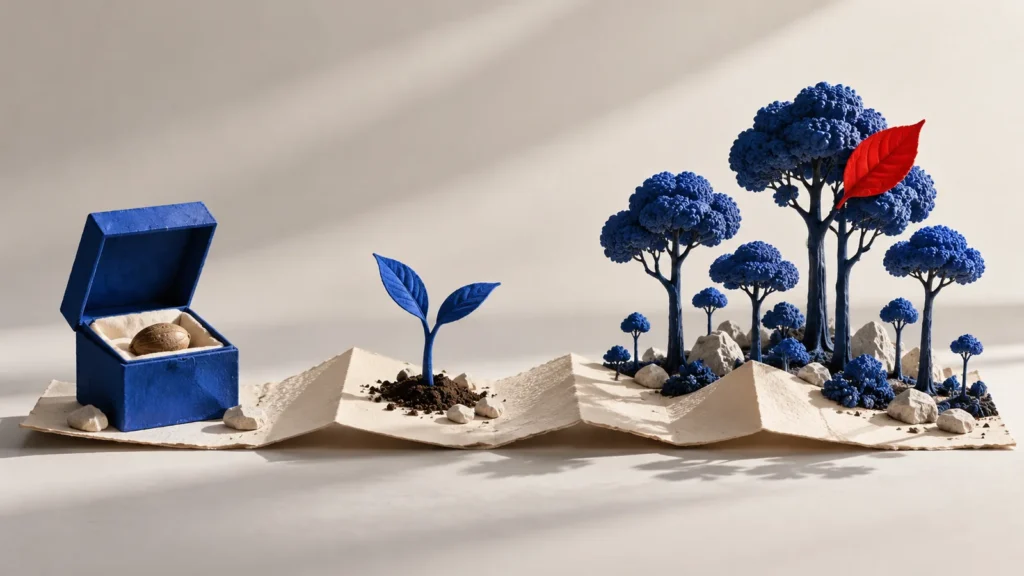 Una semilla conservada en una caja azul da paso a brotes y árboles sobre una tira de papel.