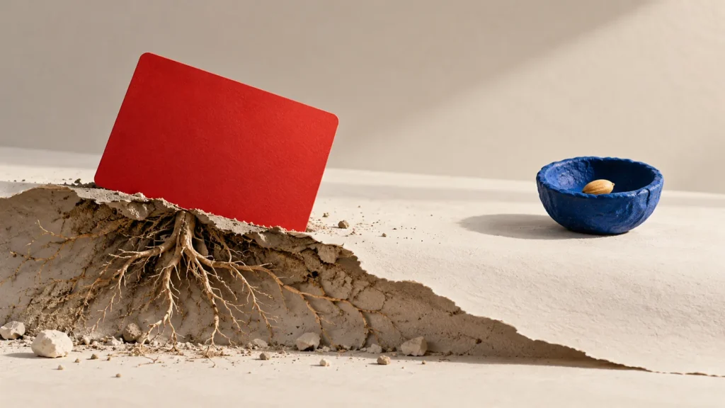 Una tarjeta roja sin marcas aparece plantada sobre raíces secas, cerca de un cuenco con una semilla.