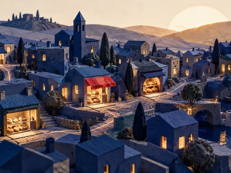 Una maqueta de ciudad azul al amanecer tiene varias panaderías iluminadas y un pequeño toldo rojo.