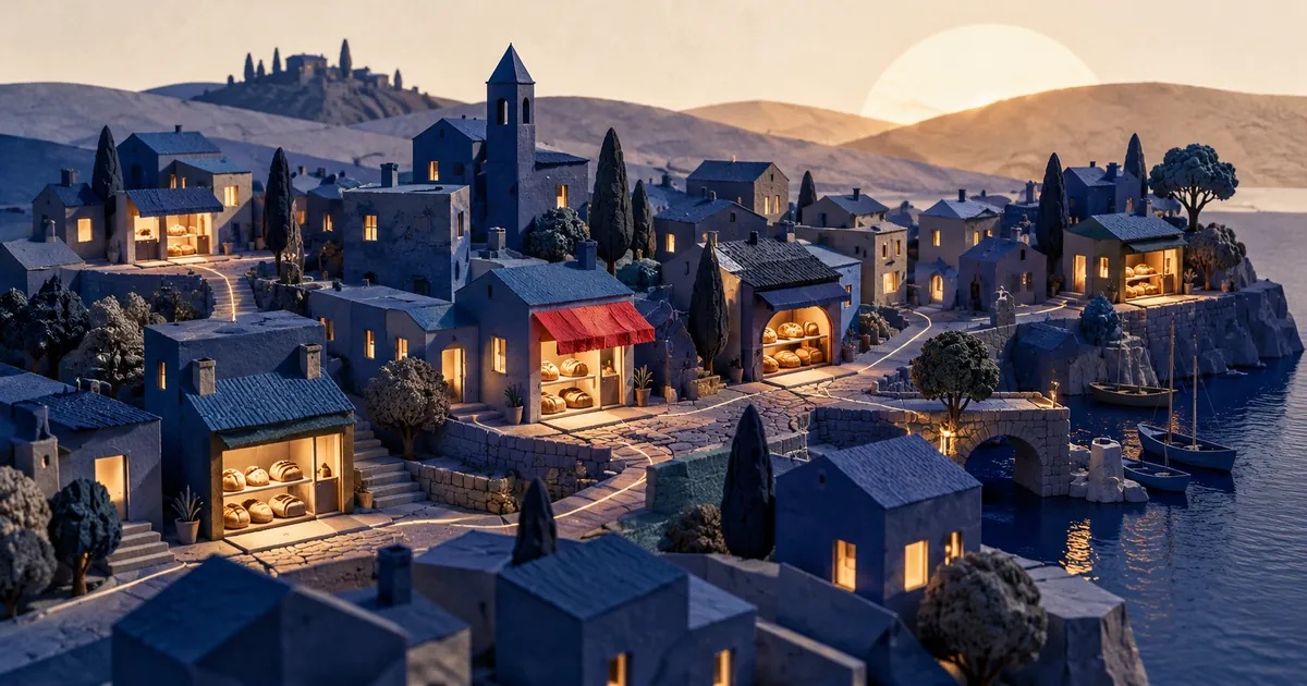 Una maqueta de ciudad azul al amanecer tiene varias panaderías iluminadas y un pequeño toldo rojo.