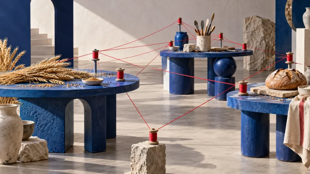 Hilos rojos conectan mesas azules con trigo, herramientas y una hogaza en una instalación escultórica.