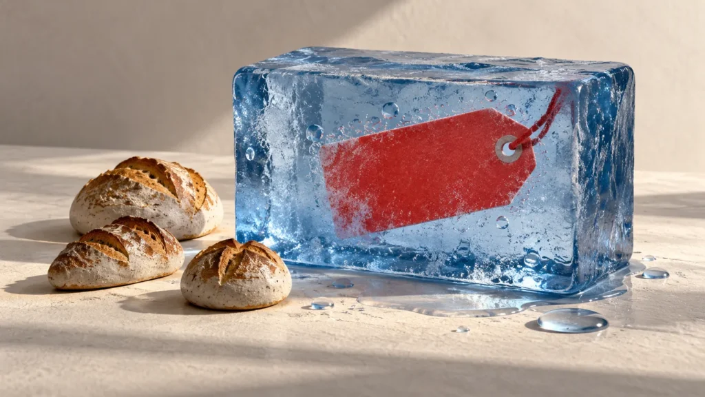 Una etiqueta roja vacía queda atrapada dentro de un bloque de hielo azul junto a pequeñas hogazas.