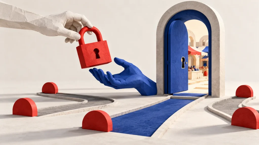 Una mano clara entrega un candado rojo a una mano azul junto a una puerta abierta hacia un mercado.