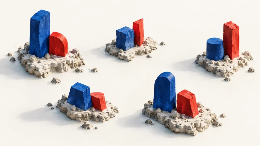 Cinco islas abstractas de piedra sostienen pares de bloques azules y rojos con alturas distintas.