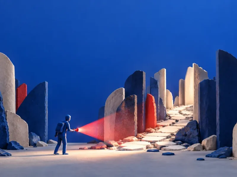 Una figura azul con linterna roja ilumina un camino entre columnas de piedra de un bosque abstracto.