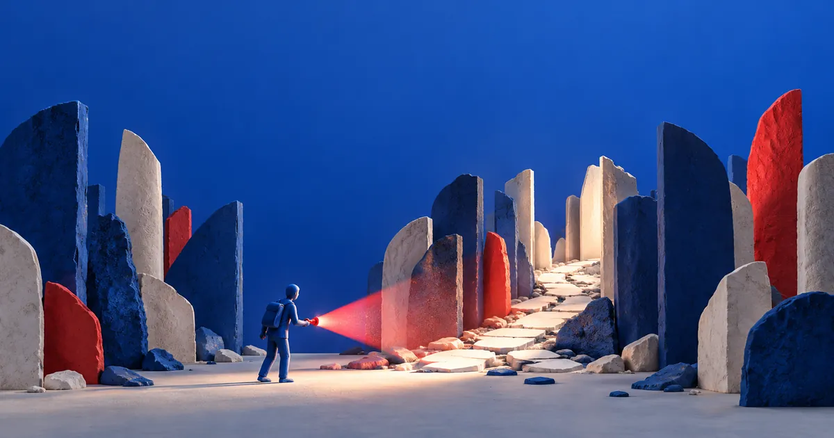 Una figura azul con linterna roja ilumina un camino entre columnas de piedra de un bosque abstracto.