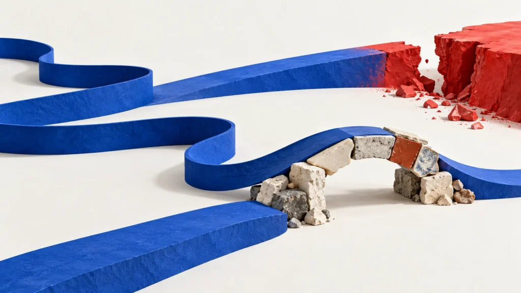 Una cinta azul se divide entre una ruta rota roja y otra que cruza un puente de piedras.