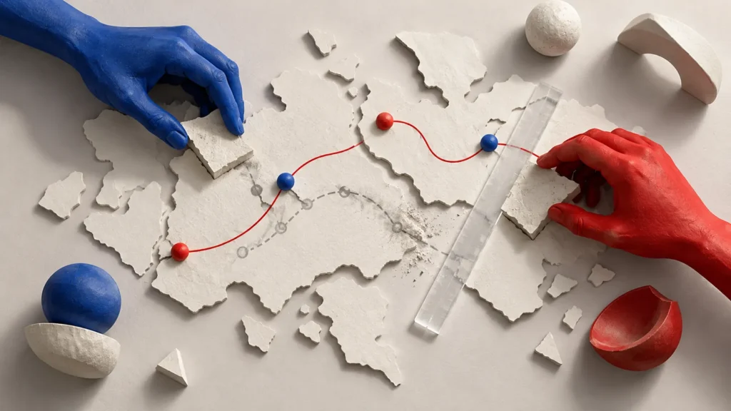 Dos manos de cerámica azul y roja recolocan un mapa de papel con una ruta roja y un trazo gris borrado.