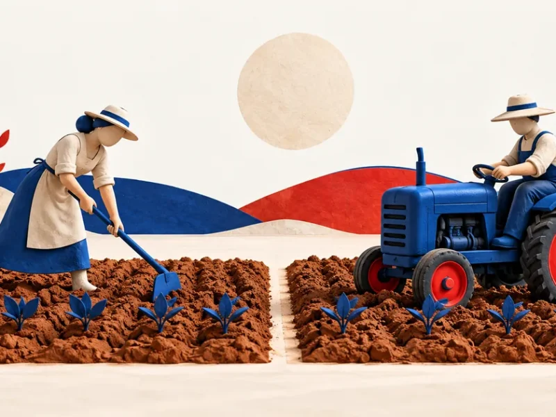 Dos figuras trabajan parcelas contiguas, una con una azada azul y otra con un tractor azul de ruedas rojas.