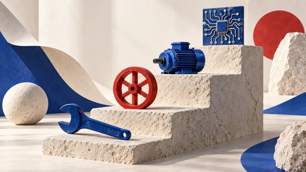 Una llave azul, una rueda roja, un motor azul y un circuito descansan sobre una escalera de piedra.