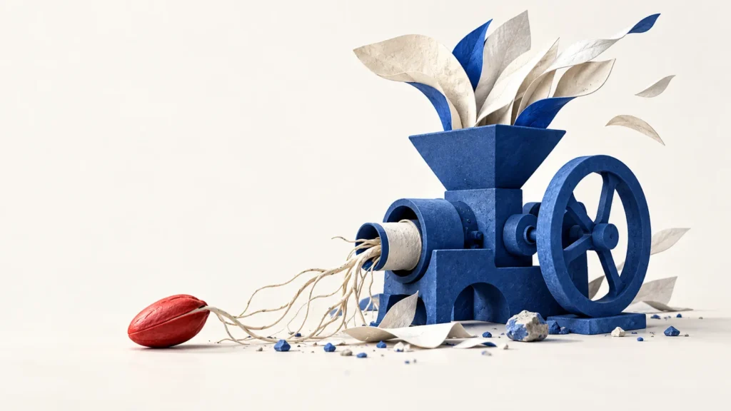 Una semilla roja se conecta por raíces claras a una máquina azul de la que brotan hojas de papel.