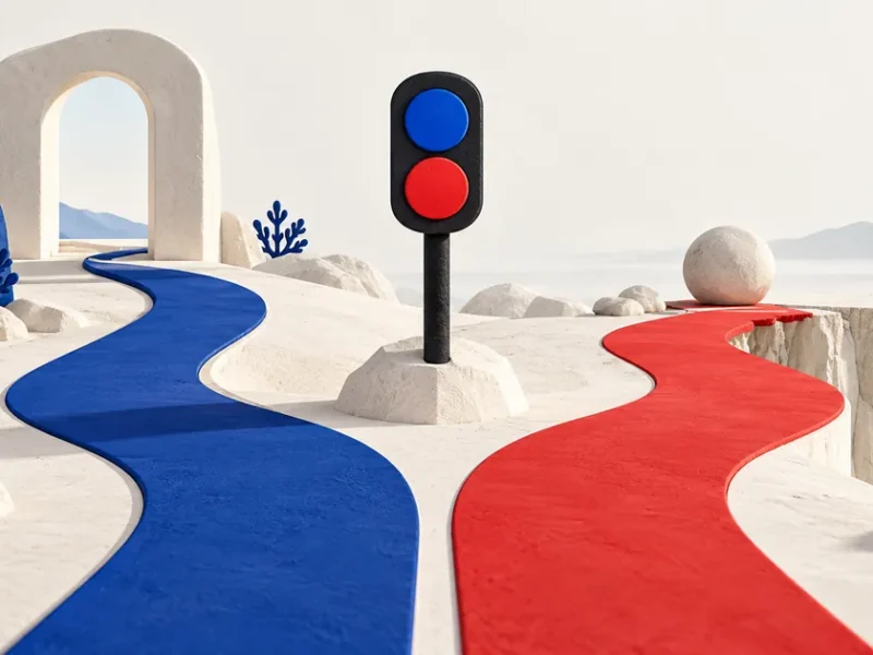Dos luces azul y roja señalan una bifurcación entre un camino hacia un arco y otro que acaba en un borde.