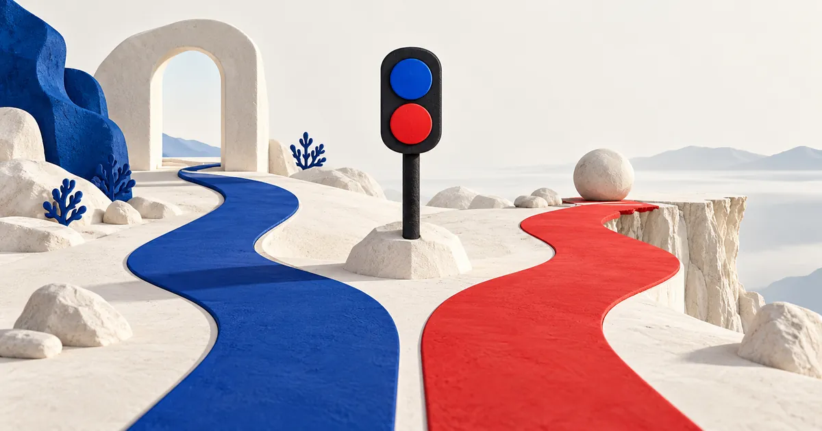 Dos luces azul y roja señalan una bifurcación entre un camino hacia un arco y otro que acaba en un borde.