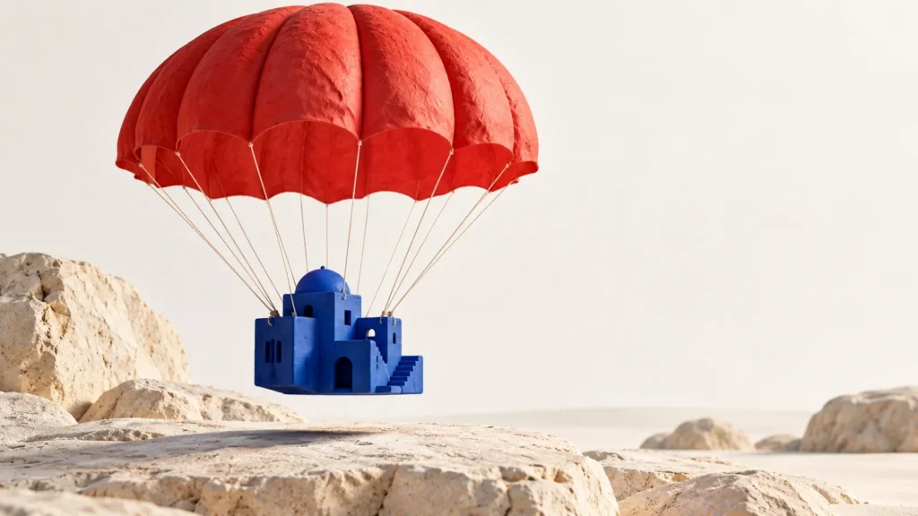 Un edificio azul flota bajo un paracaídas rojo abierto sobre una plataforma de piedra clara.