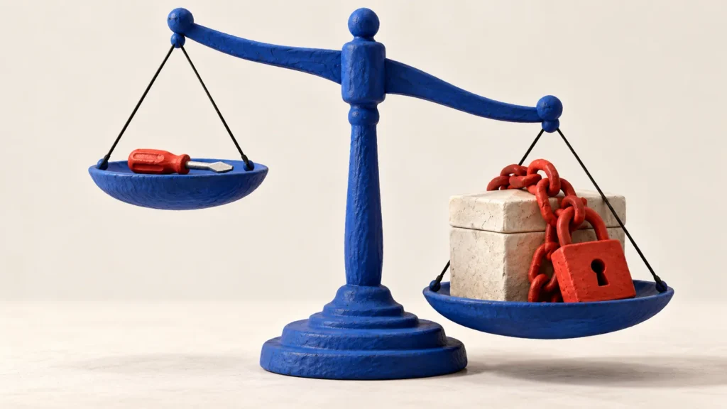Una balanza azul compara un destornillador con una caja de piedra rodeada de cadena y candado rojos.