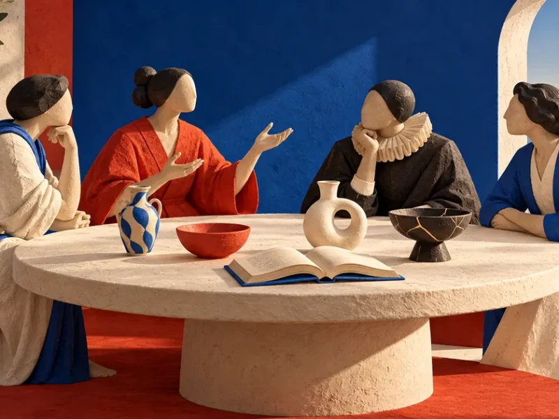 Cuatro figuras anónimas con ropa de épocas distintas conversan alrededor de una mesa con un libro abierto.