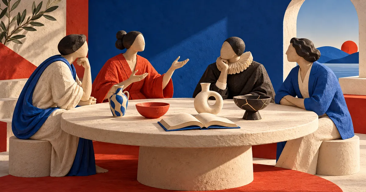 Cuatro figuras anónimas con ropa de épocas distintas conversan alrededor de una mesa con un libro abierto.