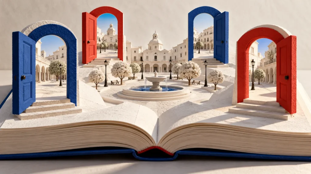 Un libro abierto se convierte en una plaza clara con cuatro puertas azules y rojas.