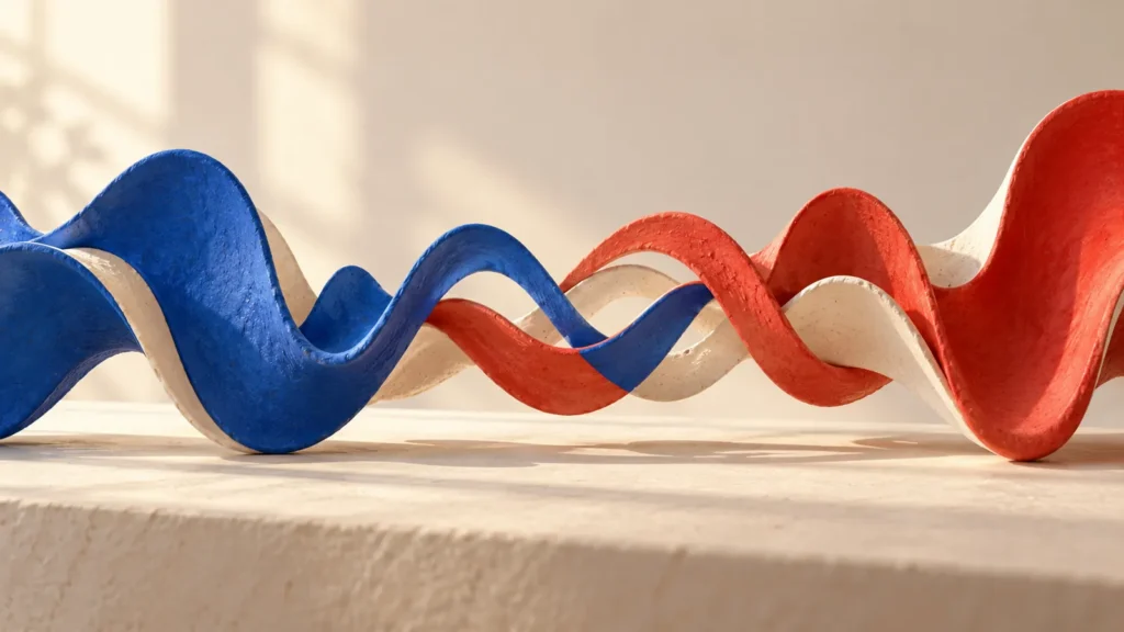 Ondas escultóricas azules, rojas y claras se entrelazan sobre una superficie de piedra.