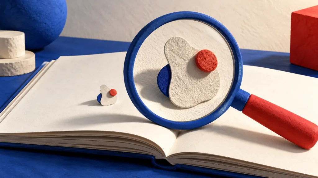 Una lupa de aro azul y mango rojo amplía una forma abstracta sobre un libro de páginas claras.