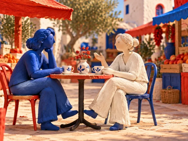 Dos personas de cerámica azul y clara conversan con café en una mesa entre puestos de fruta.