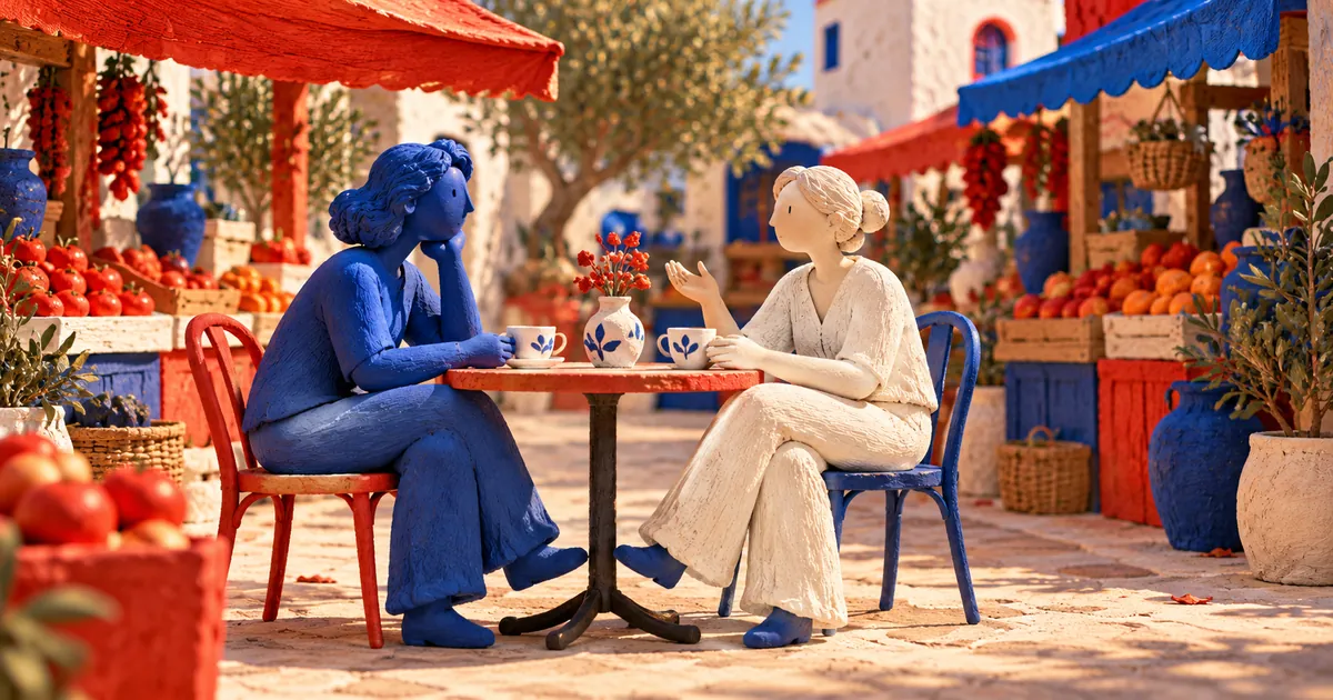Dos personas de cerámica azul y clara conversan con café en una mesa entre puestos de fruta.
