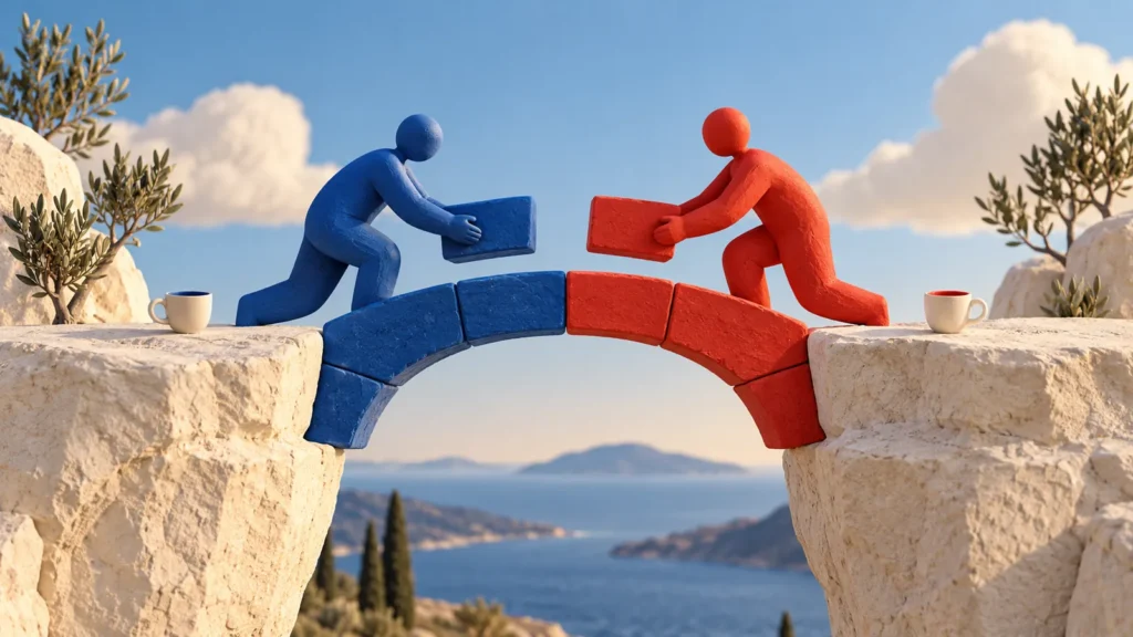 Dos figuras azul y roja acercan bloques al hueco central de un puente sobre dos plataformas con tazas.