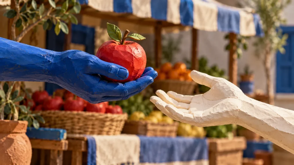 Una mano azul ofrece una manzana roja a una mano clara abierta frente a un puesto de mercado.