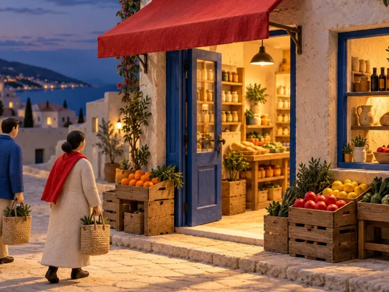 Dos figuras se acercan a una tienda de esquina iluminada, con puerta azul, toldo rojo y cajas de fruta.