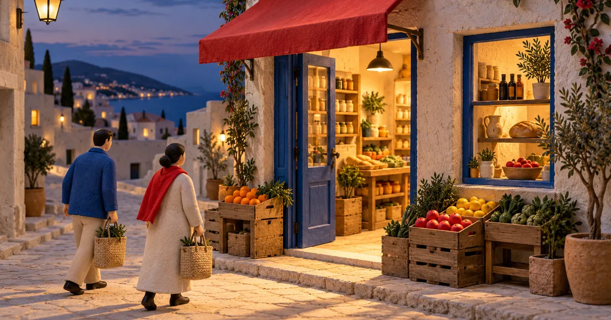 Dos figuras se acercan a una tienda de esquina iluminada, con puerta azul, toldo rojo y cajas de fruta.