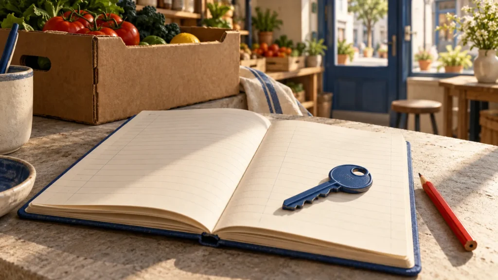Una llave azul descansa sobre una libreta abierta junto a un lápiz rojo y una caja de verduras.