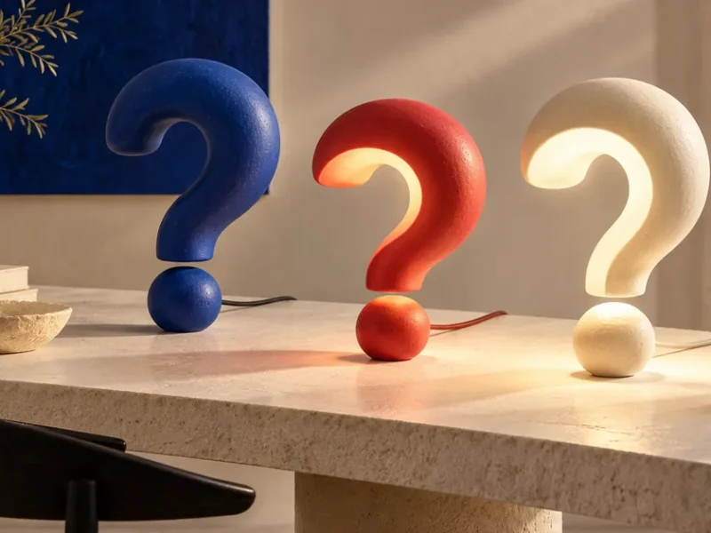 Tres lámparas con forma de interrogación azul, roja y clara sobre una mesa de piedra.