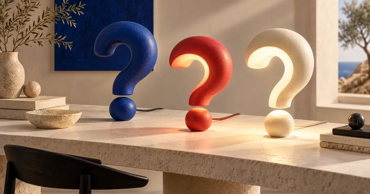 Tres lámparas con forma de interrogación azul, roja y clara sobre una mesa de piedra.