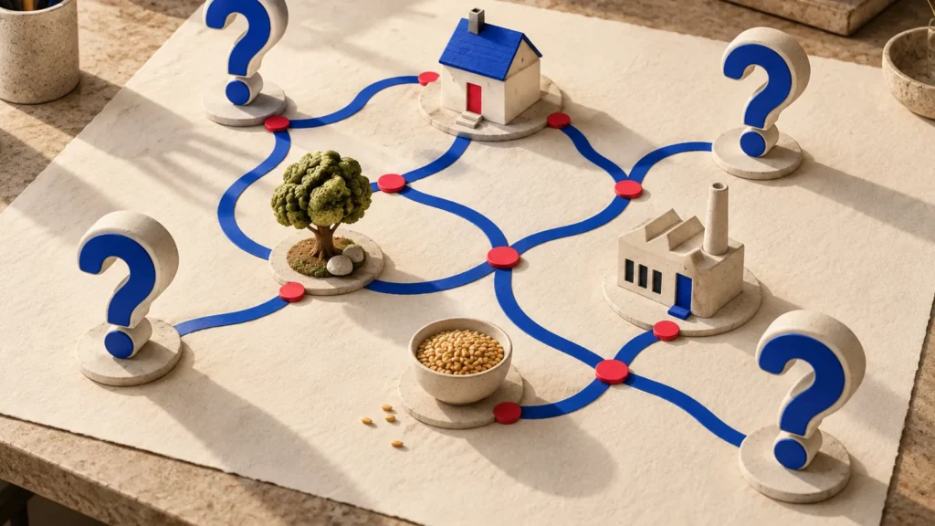 Interrogaciones azules conectadas por caminos a una casa, un árbol, una fábrica y un cuenco de grano.