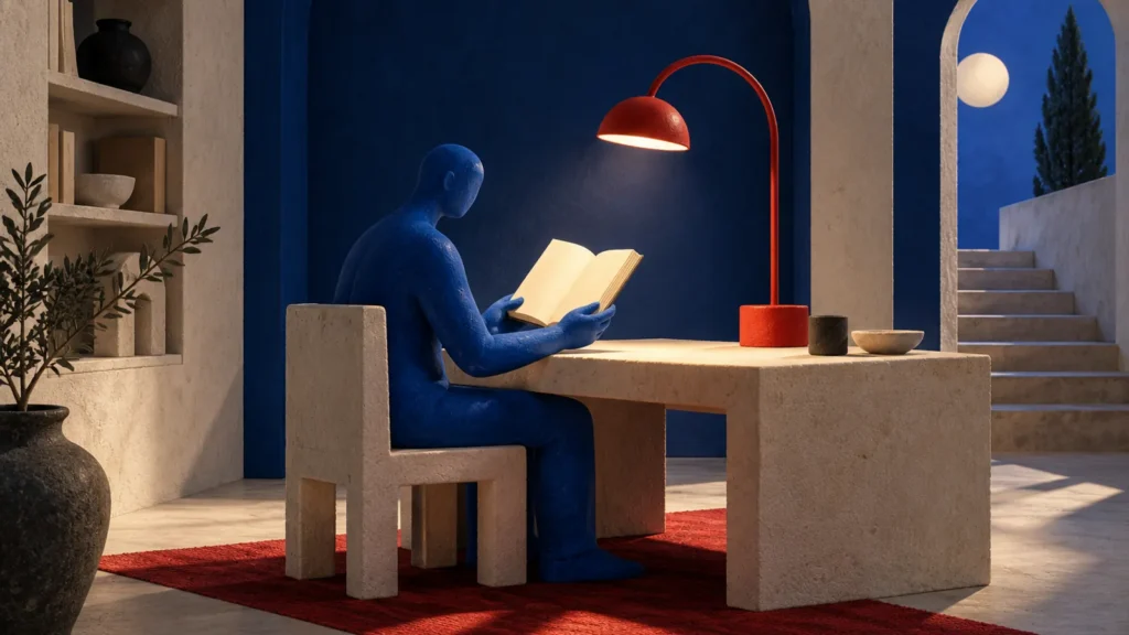 Una figura azul lee un libro abierto en una mesa bajo una lámpara roja, dentro de una estancia azul.