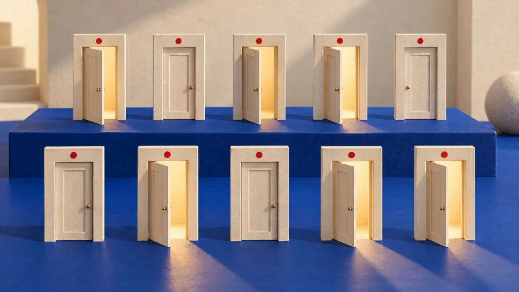 Diez puertas claras en dos filas de cinco, cada una con un punto rojo, sobre una plataforma azul.