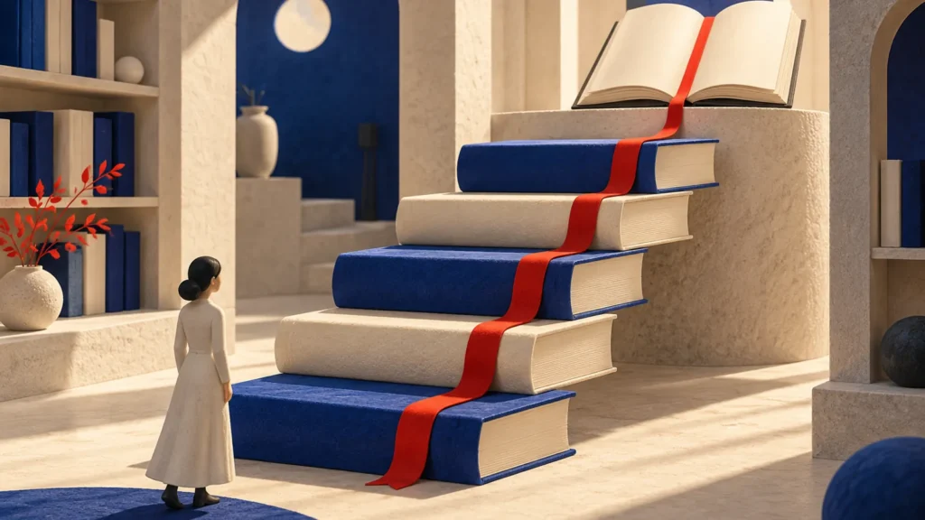 Una figura contempla una escalera de libros azules y claros con una cinta roja hacia un libro abierto.