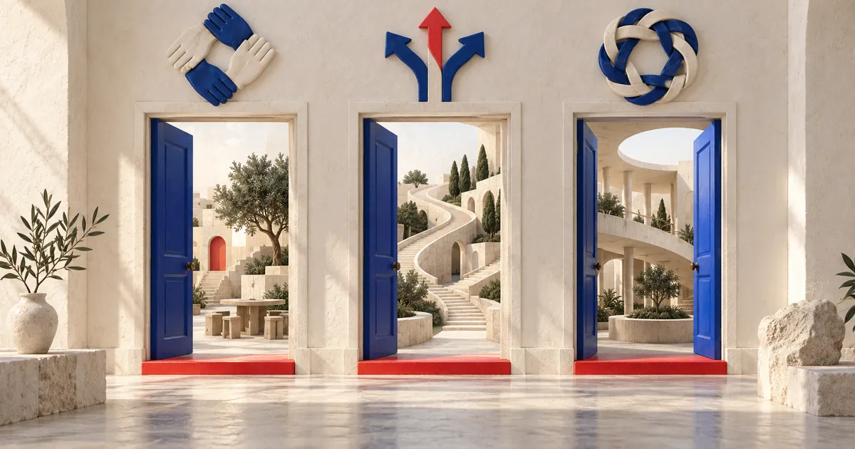 Tres puertas azules abiertas con emblemas de manos, caminos y un anillo trenzado sobre cada entrada.