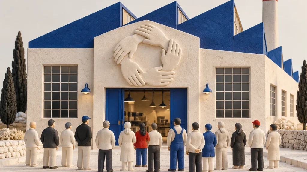 Un grupo de figuras frente a una fábrica con tejado azul y un relieve circular de manos sobre la entrada.
