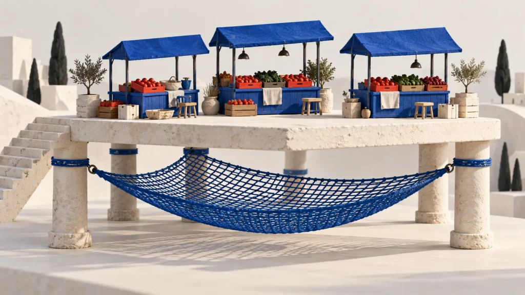 Tres puestos de mercado azules sobre una plataforma de piedra con una red azul extendida por debajo.