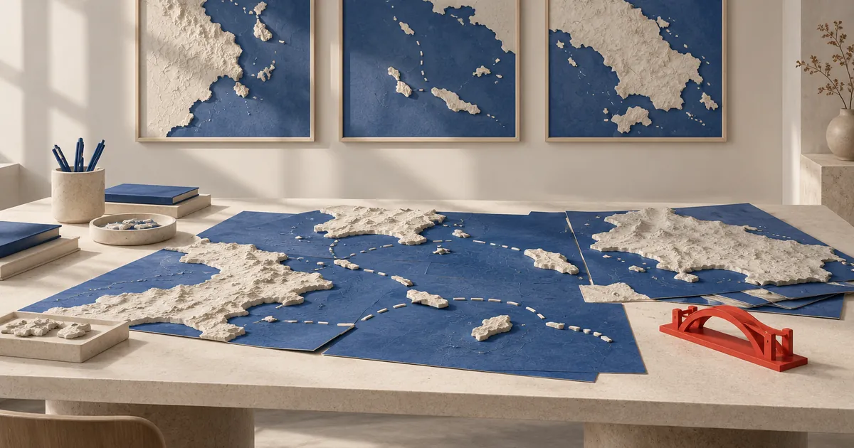 Mesa de planificación con mapas azules fragmentados, recorridos discontinuos y una pequeña pieza de puente roja.