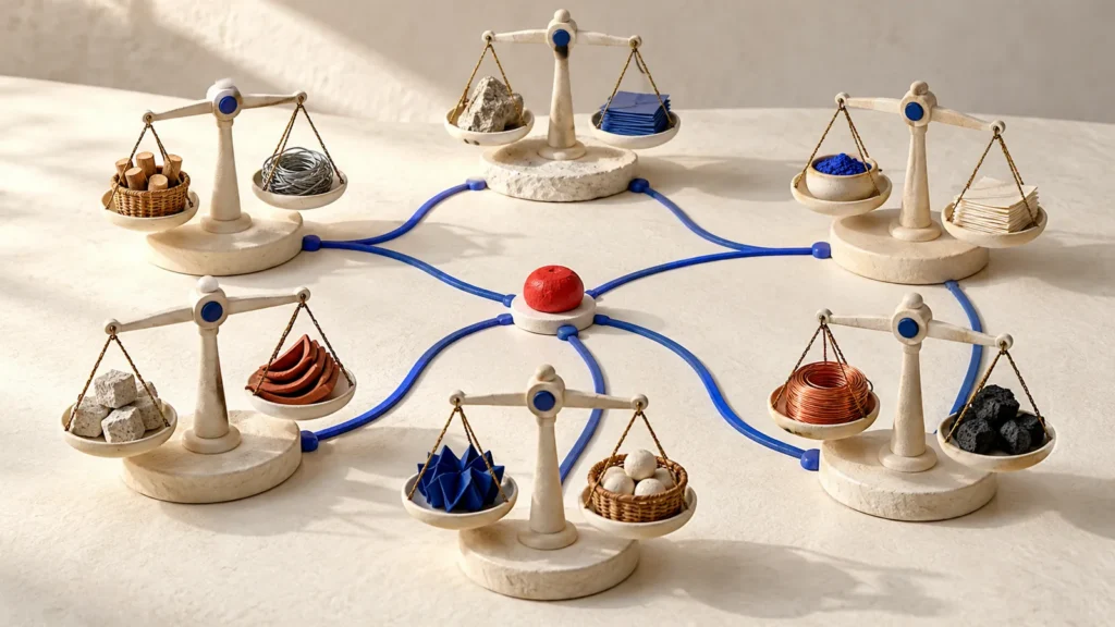 Seis balanzas con materiales distintos conectadas por caminos azules a un nodo rojo central sobre una mesa clara.
