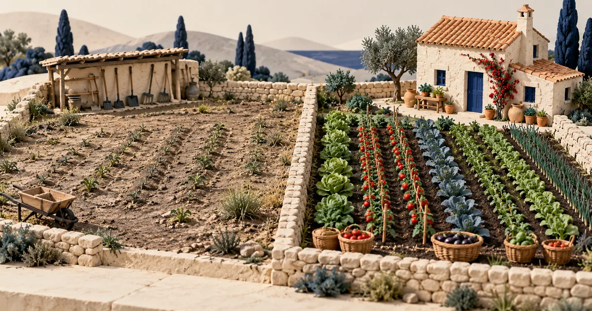 Modelo de dos parcelas: una con plantas dispersas y herramientas, otra con hortalizas cuidadas junto a una casa.