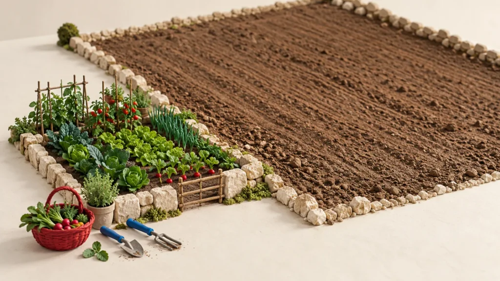 Pequeño huerto con hortalizas y una cesta roja junto a un campo de tierra vacío en una maqueta de mesa.