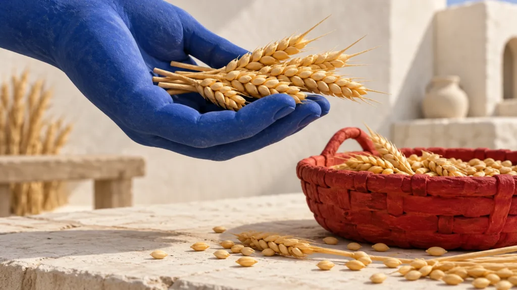 Una mano azul de cerámica sostiene espigas de grano sobre una cesta roja con parte de la cosecha.