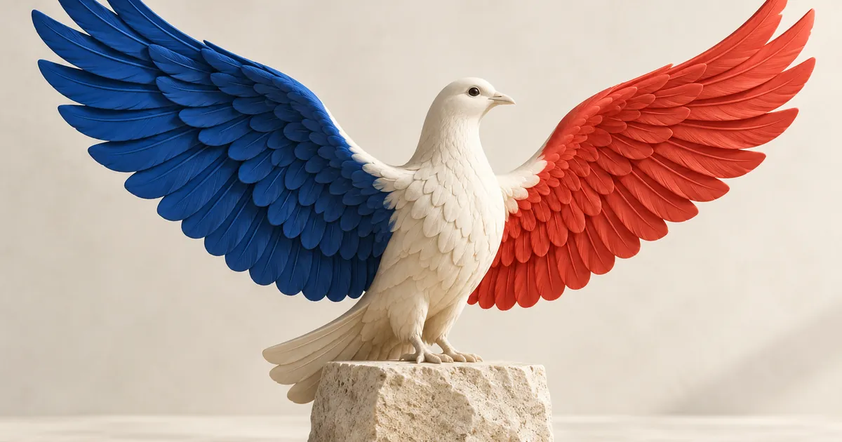 Escultura de un ave clara con un ala azul y otra roja extendidas sobre un pedestal de piedra.