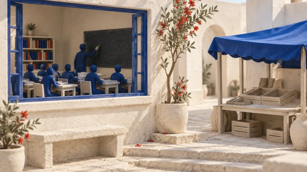 Un aula con figuras azules sentadas junto a un puesto de mercado vacío bajo un toldo azul en un patio claro.